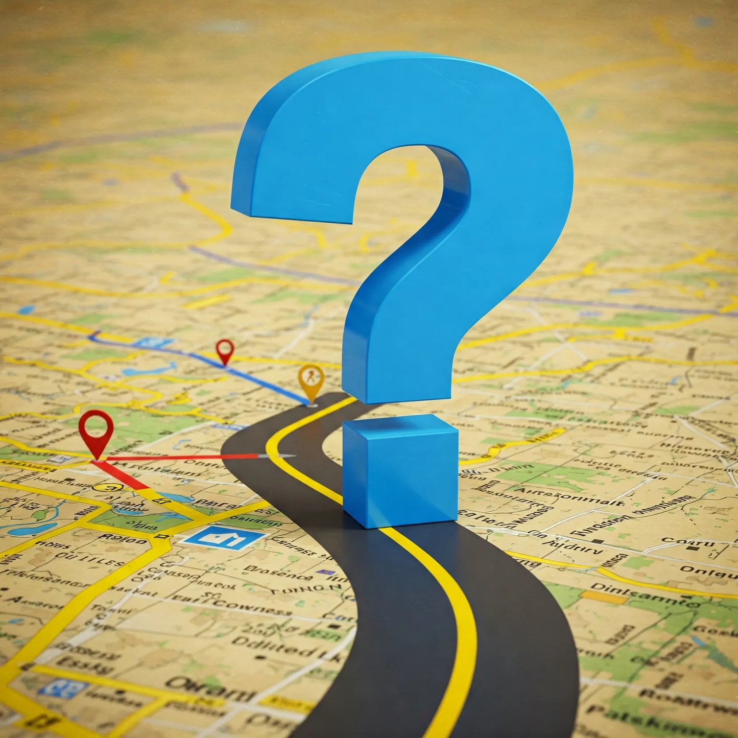 Graphic of a large blue question mark on a winding road map with waypoints, representing a request for a custom driving route.