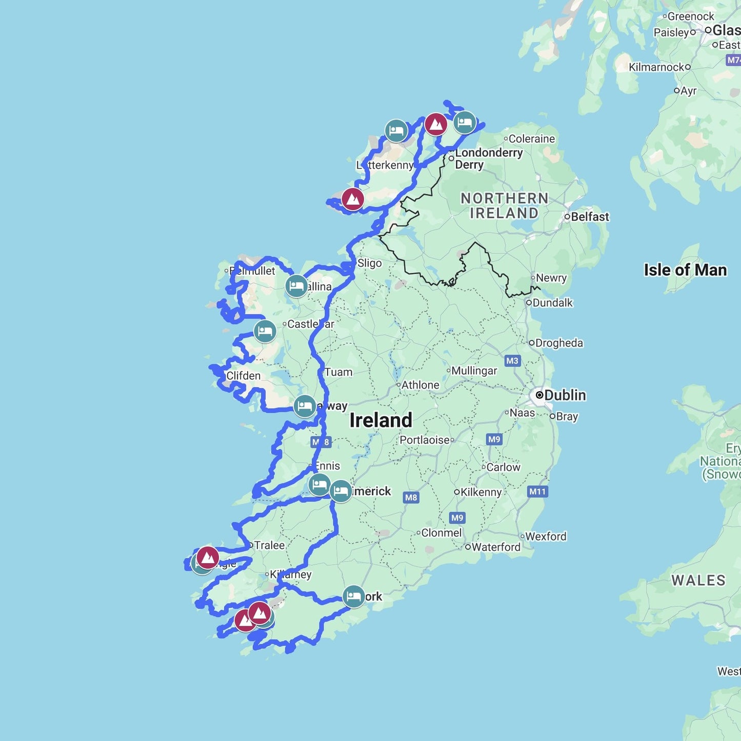 Overview Map of the Wild Atlantic Way route.