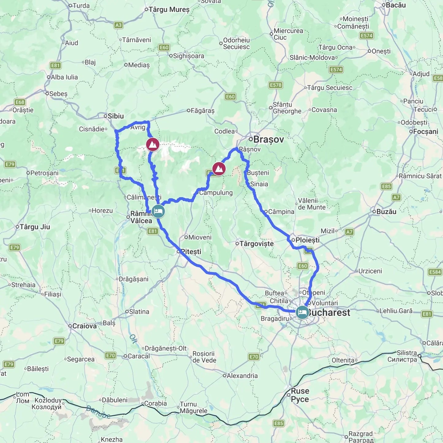Road trip map of the Transfăgărășan in Romania, including the Rucăr‑Bran Pass and scenic routes through the Carpathian Mountains.