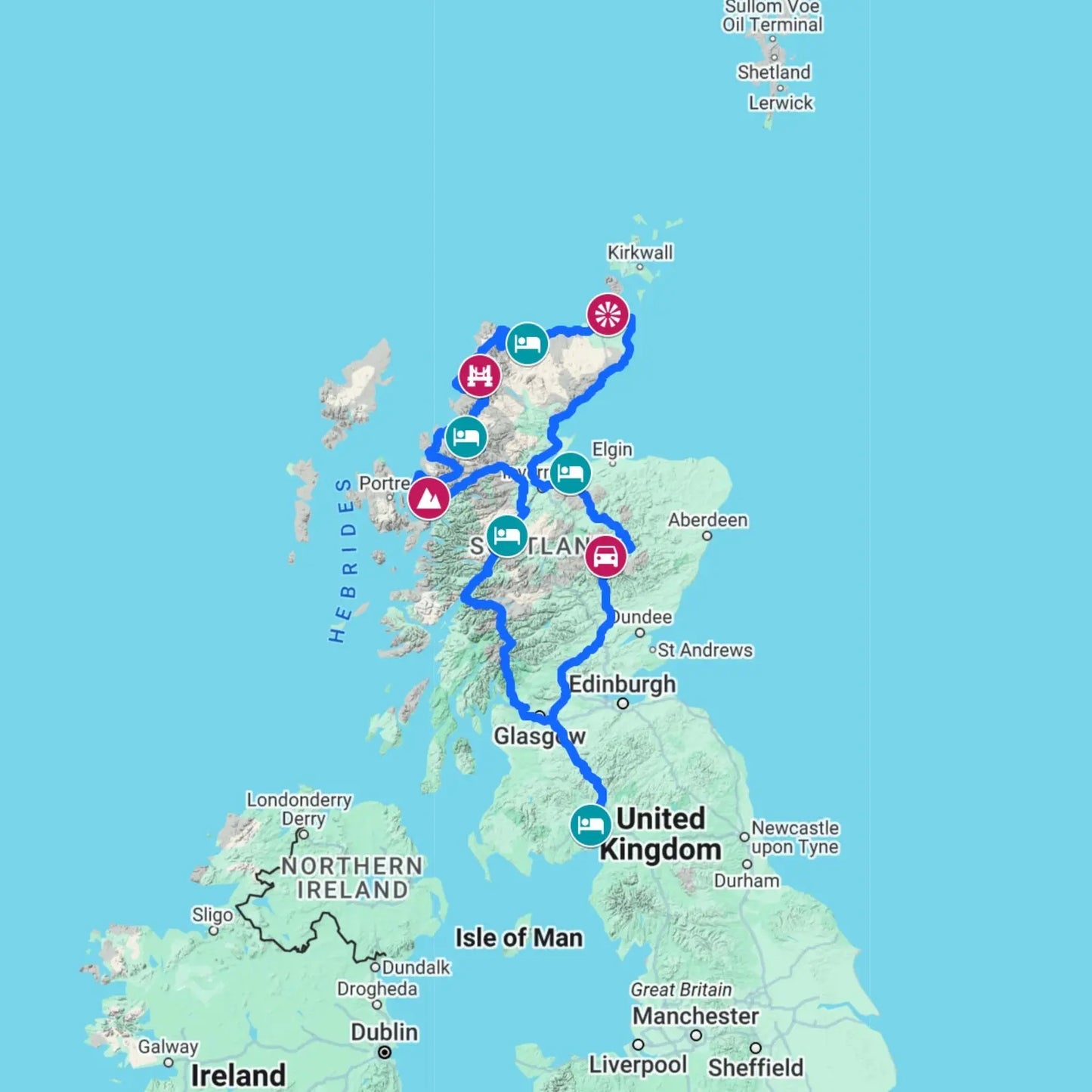 North Coast 500 road trip map, featuring iconic Scottish Highlands roads like Bealach na Bà, Kylesku Bridge, the Old Military Road, and Loch Ness.