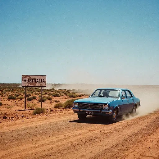 A 1970s-style blue Holden Torana driving down a dusty red dirt road in the Australian Outback, under a clear blue sky.