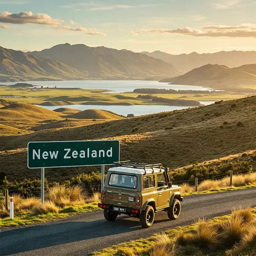 A vintage olive green Trekka driving on a road in New Zealand, overlooking a vast landscape of lakes and golden hills at sunset.