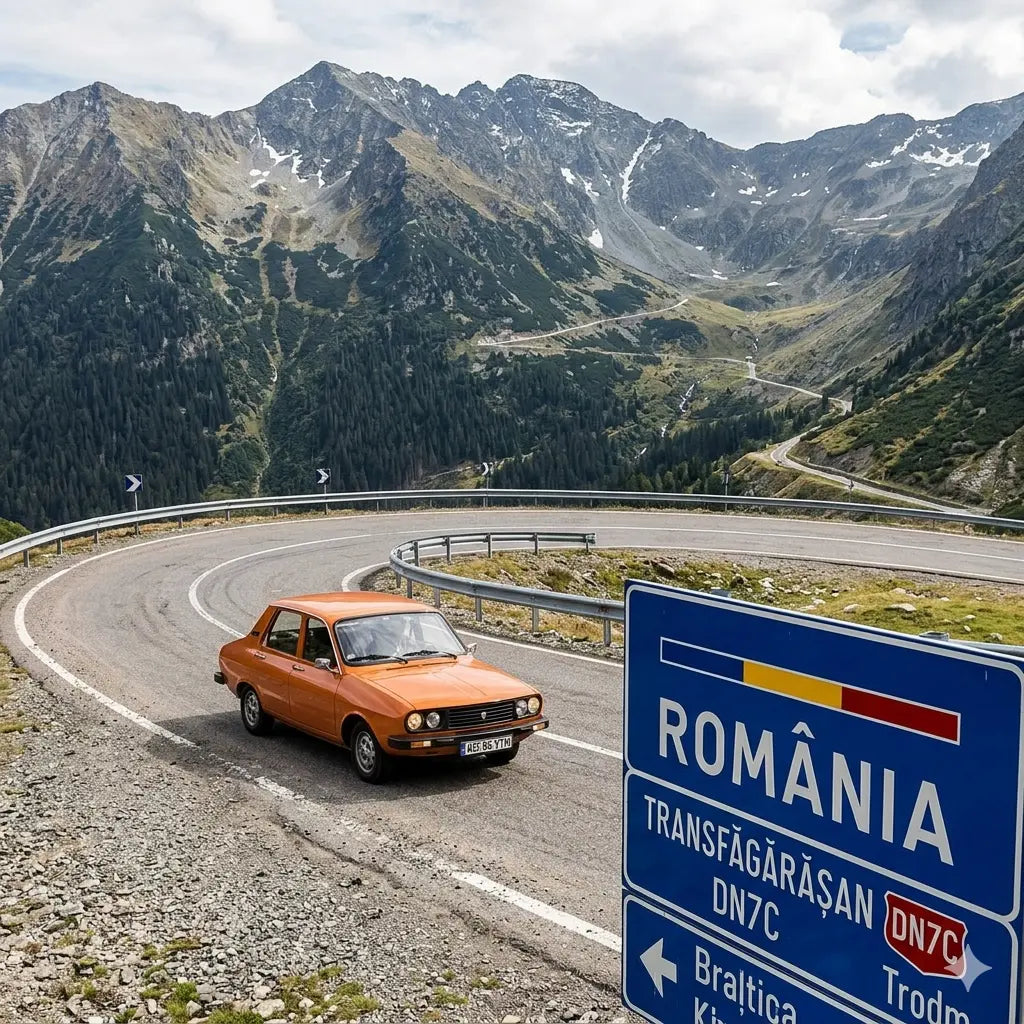 An orange vintage Dacia 1310 Sport driving around a sharp hairpin turn on the Transfăgărășan highway in Romania, with dramatic rocky mountains in the background.