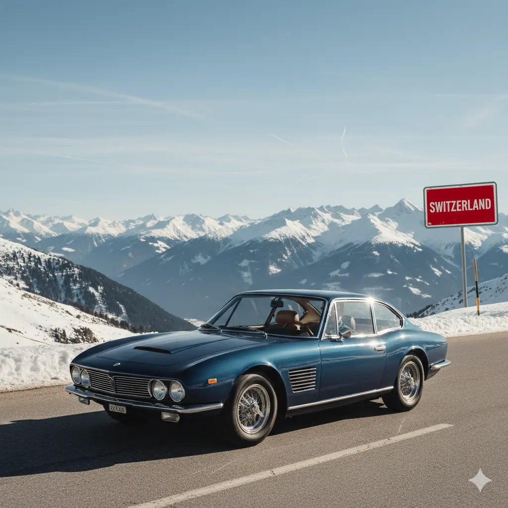 A classic 1969 Monteverdi 375S Coupe driving along a paved mountain road in the Swiss Alps, with snow-capped peaks under a clear blue sky.