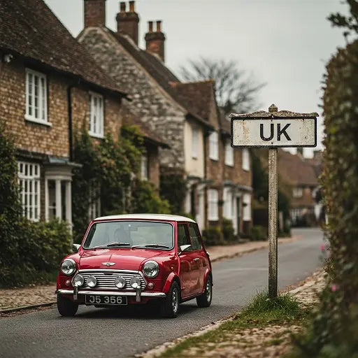 A classic red Mini Cooper with a white roof driving through a traditional English village.