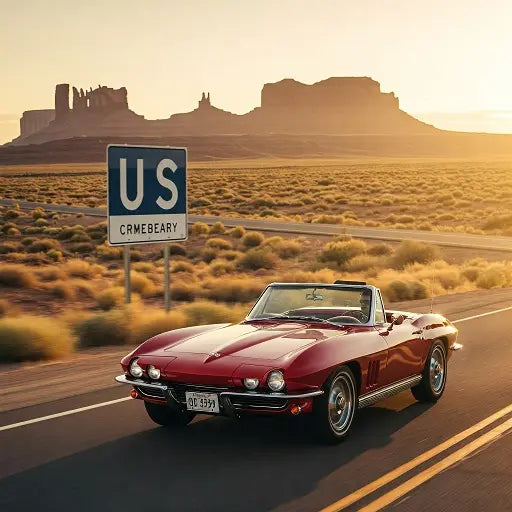 A classic red Chevrolet Corvette Stingray convertible driving through Monument Valley in the US, with iconic desert buttes in the background.