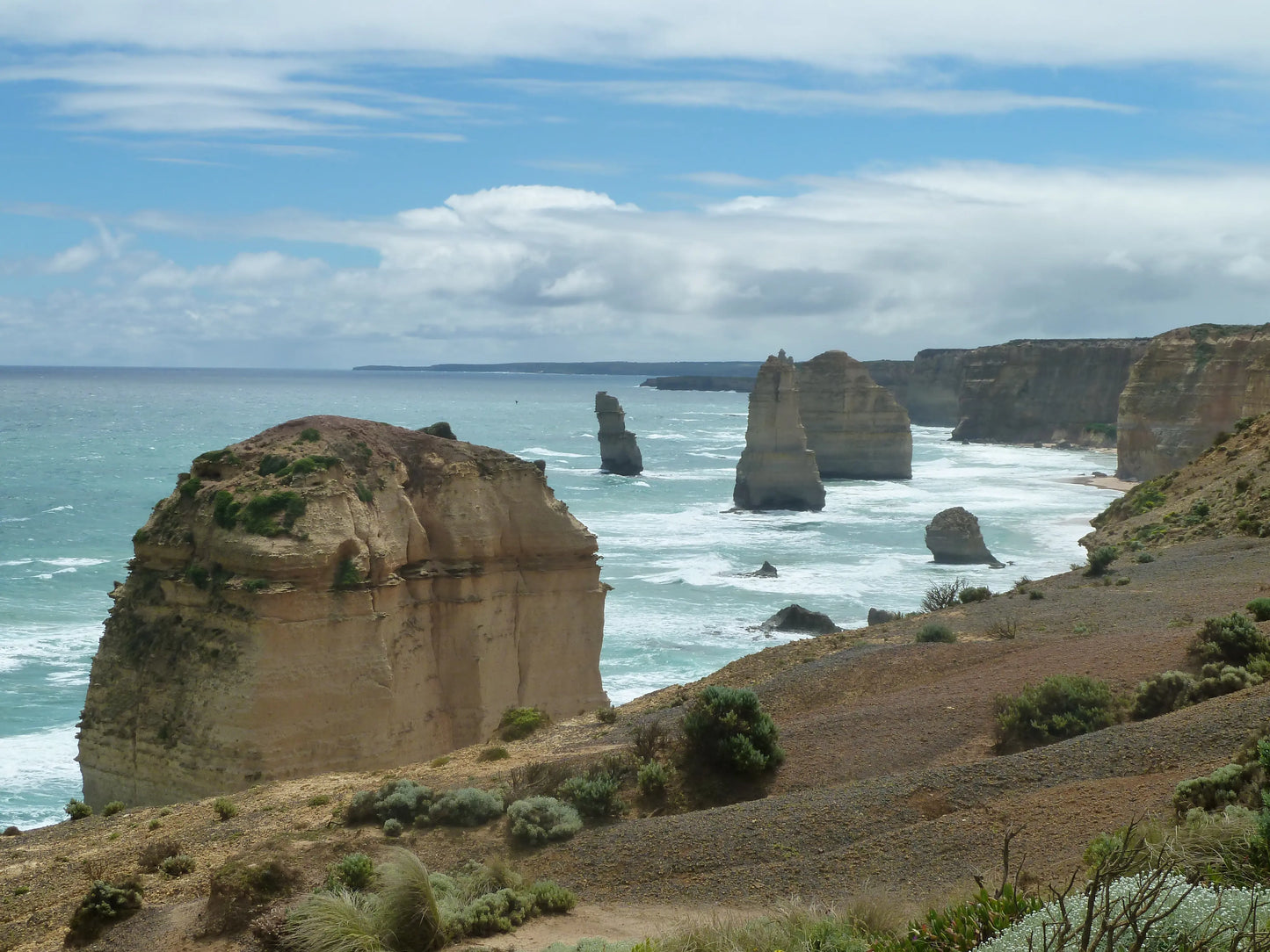 The 12 Apostles limestone stacks viewed from the eastern lookout on the Great Ocean Road.