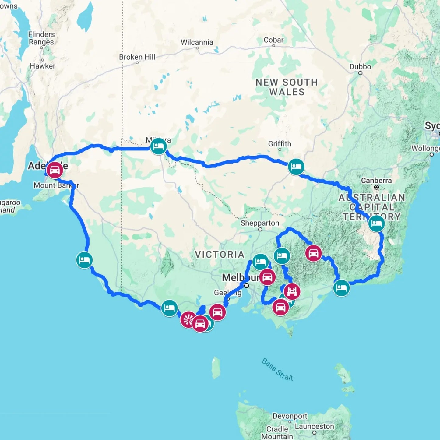 Map of the Adelaide Loop road trip route, featuring the Great Ocean Road and the Snowy Mountains of Victoria and New South Wales.