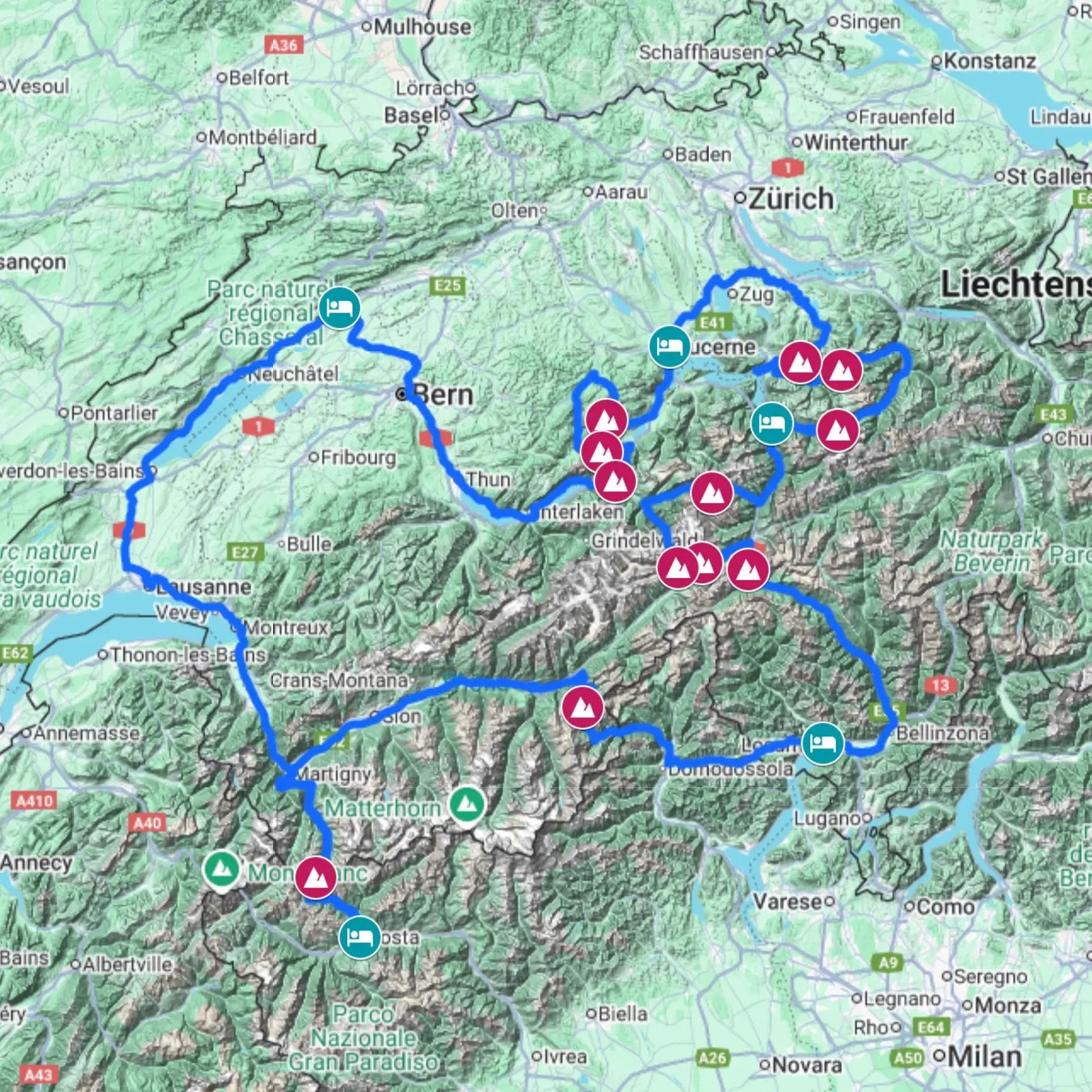 Map of the Swiss Mountain Passes route, featuring Great St. Bernard, Furka, and Susten Passes.