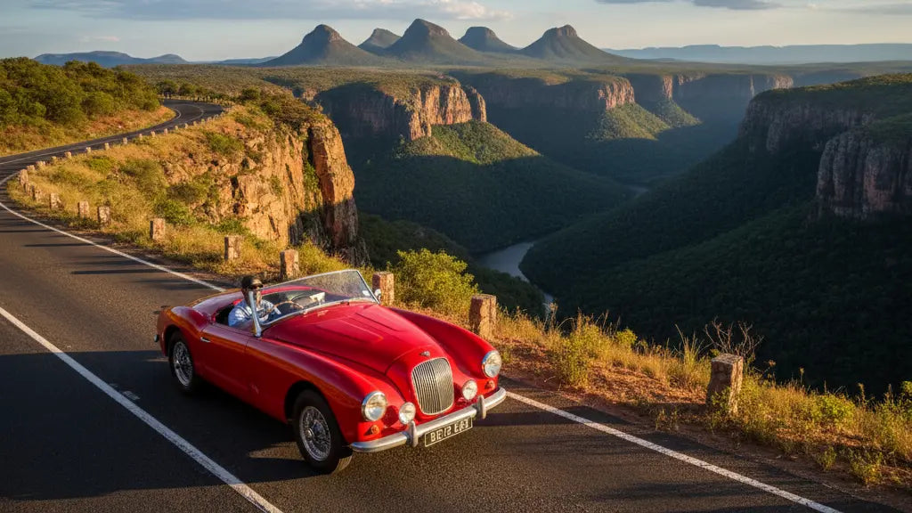 A classic red 1954 Daimler Conquest Roadster driving along a winding cliffside road on the Panorama Route in South Africa, overlooking the dramatic Blyde River Canyon and Three Rondavels.