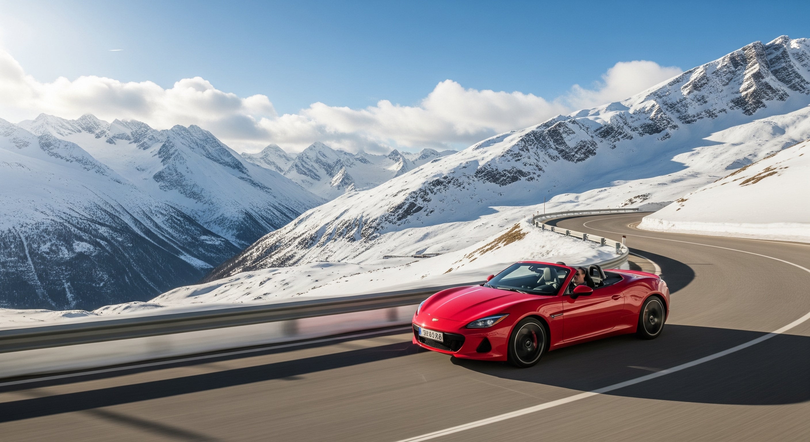 Image of a convertible car driving in snow covered mountains.