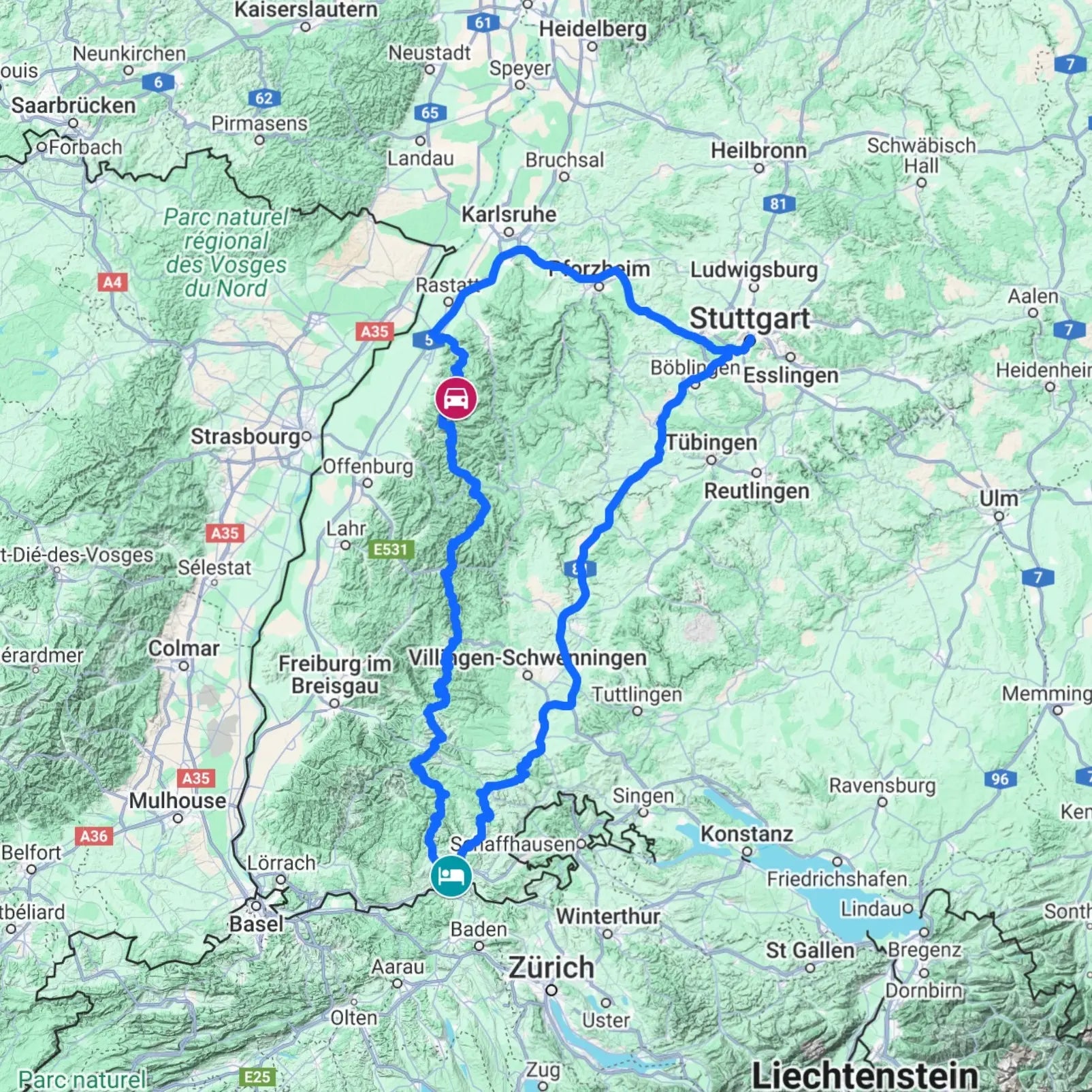 Road trip map of the Schwarzwaldhochstraße (B500), also known as the Black Forest High Road, through Germany's Black Forest.