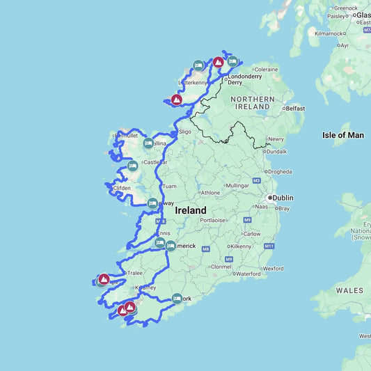 Road trip map of the Wild Atlantic Way in Ireland, featuring Healy and Caha Passes and the rugged West Coast coastline.