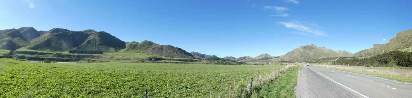 Panoramic view of Highway 73 heading toward Arthur's Pass, South Island, New Zealand.