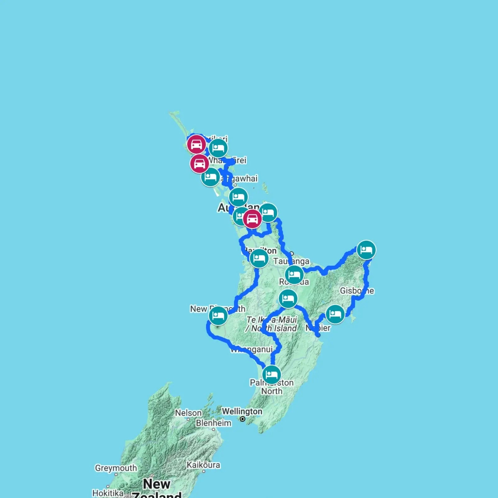 Road trip map of New Zealand’s North Island, featuring the Bay of Islands, Rotorua’s geothermal wonders, and Waipoua Forest’s kauri trees.