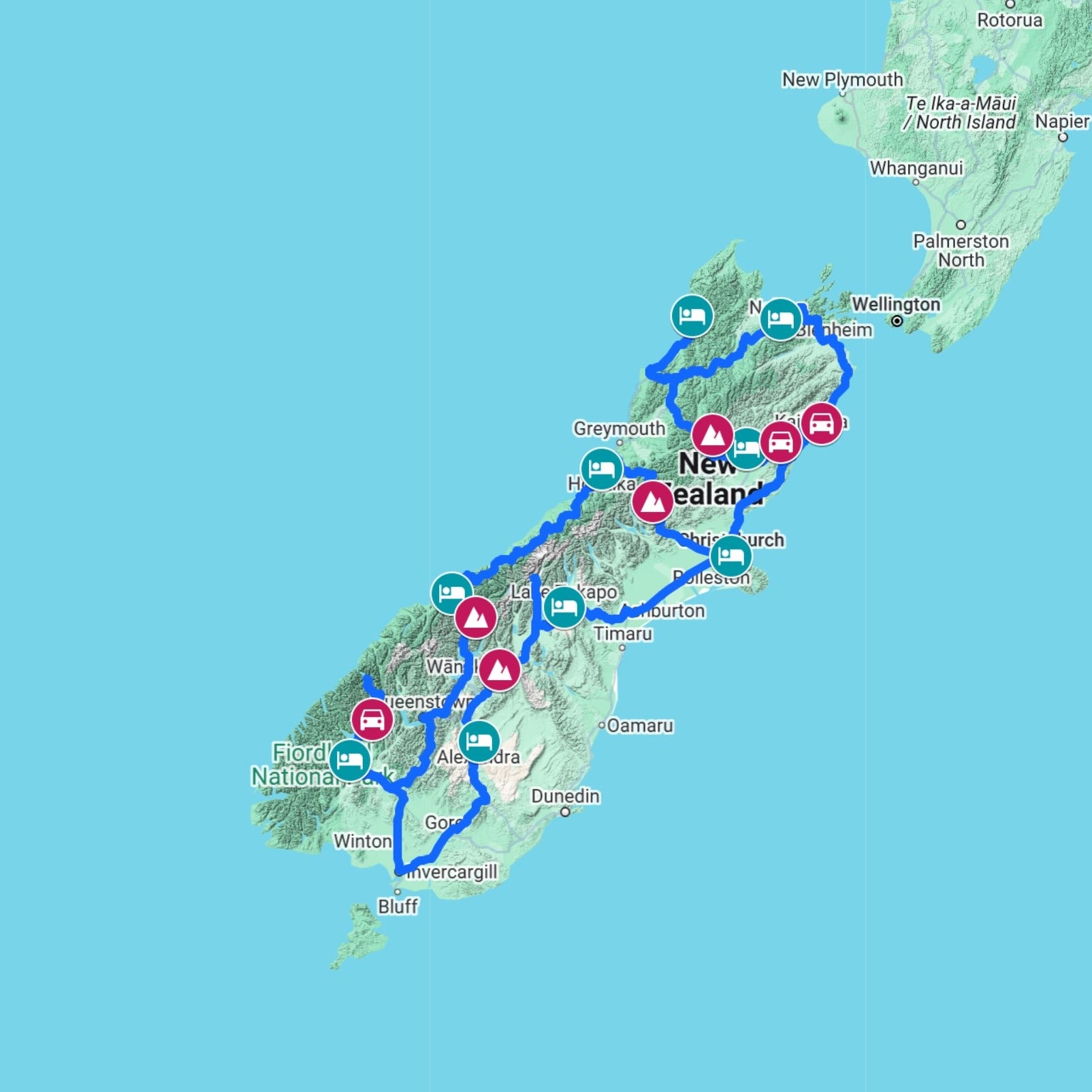 Overview Map of the New Zealand South Island Route