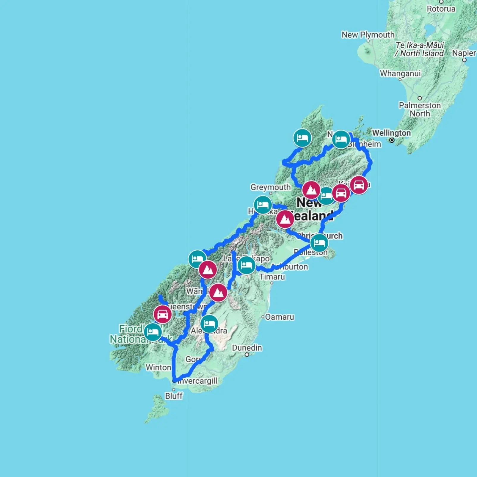 Driving route map of New Zealand’s South Island, featuring Milford Sound, Arthur’s Pass, and the Crown Range Road.