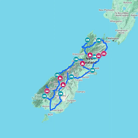 Driving route map of New Zealand’s South Island, featuring Milford Sound, Arthur’s Pass, and the Crown Range Road.