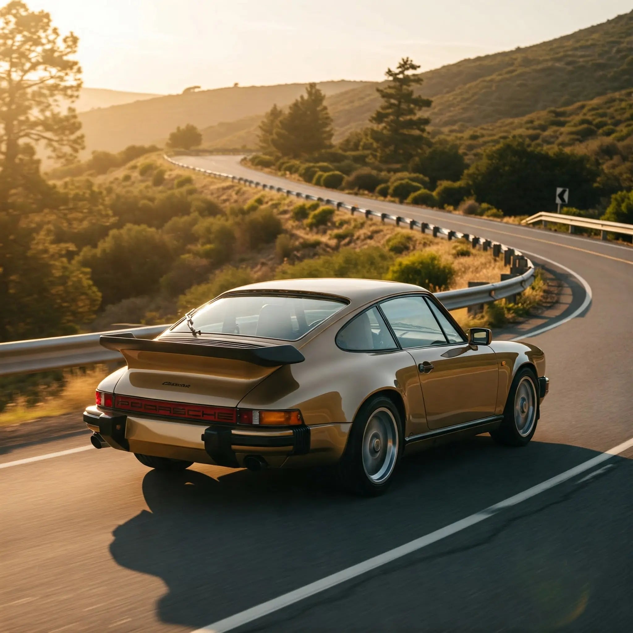 A vintage gold Porsche 911 Carrera driving along a winding mountain  road.