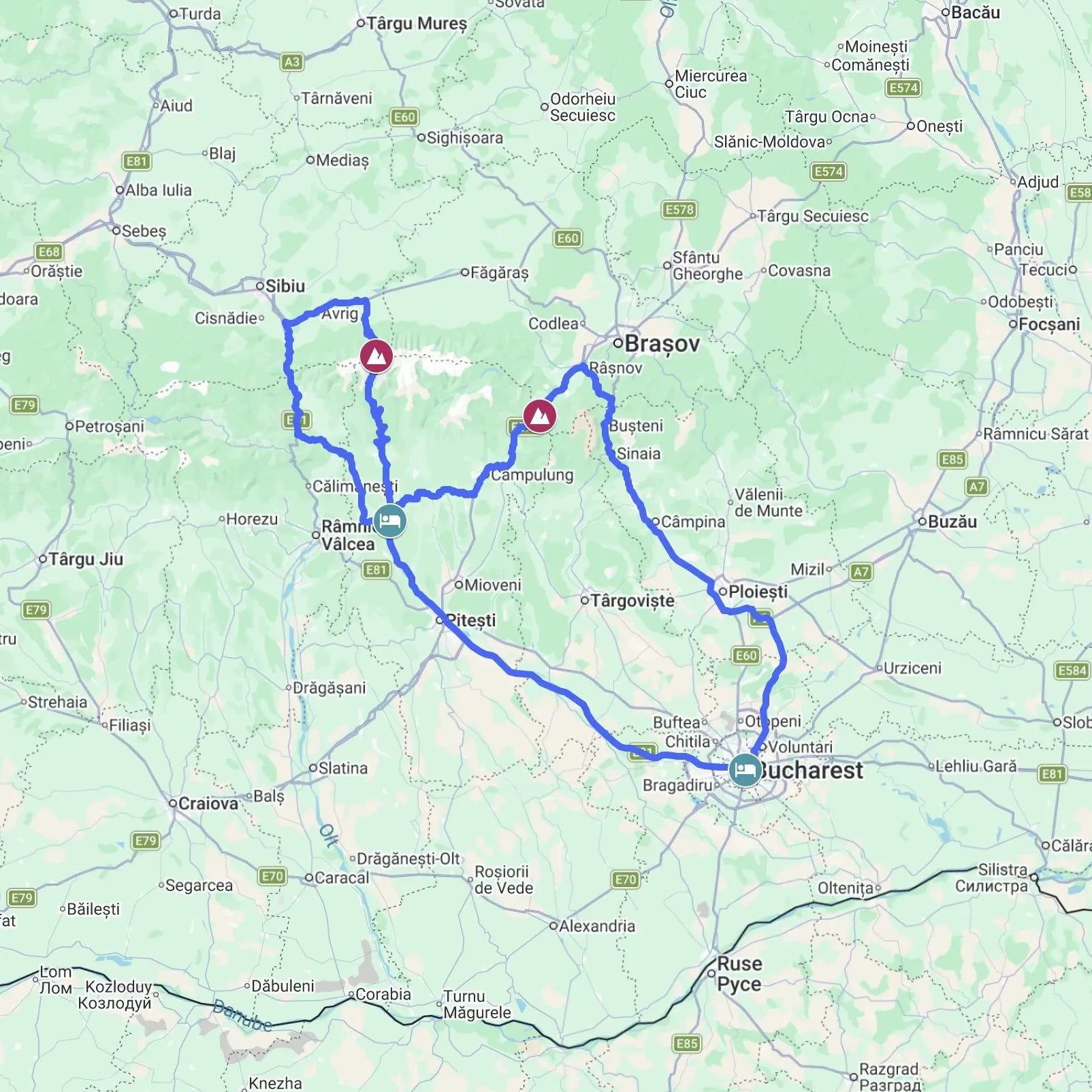 Road trip map of the Transfăgărășan in Romania, including the Rucăr‑Bran Pass and scenic routes through the Carpathian Mountains.