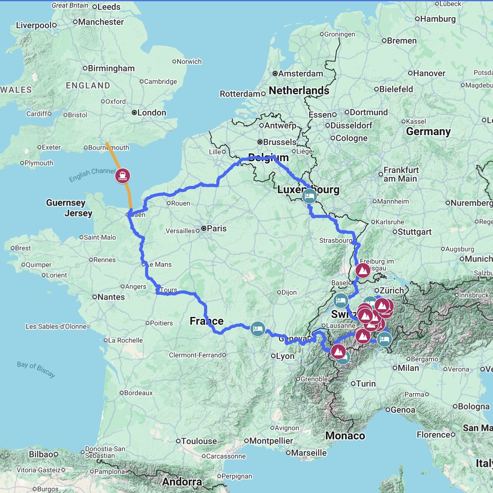 Overview map of the UK to Swiss Mountain Passes route