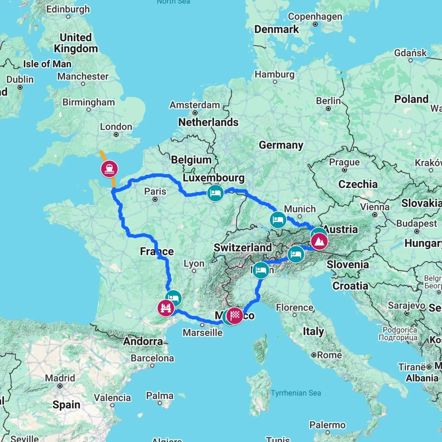 Road trip map from the UK to the Monaco Grand Prix, passing the Viaduc de Millau in France and the Grossglockner High Alpine Road in Austria.