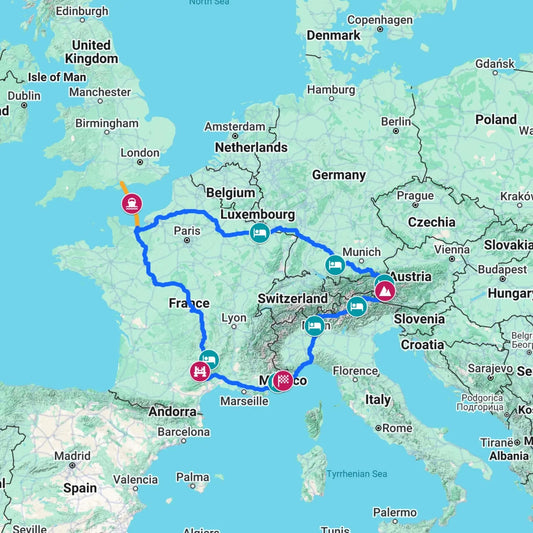 Road trip map from the UK to the Monaco Grand Prix, passing the Viaduc de Millau in France and the Grossglockner High Alpine Road in Austria.