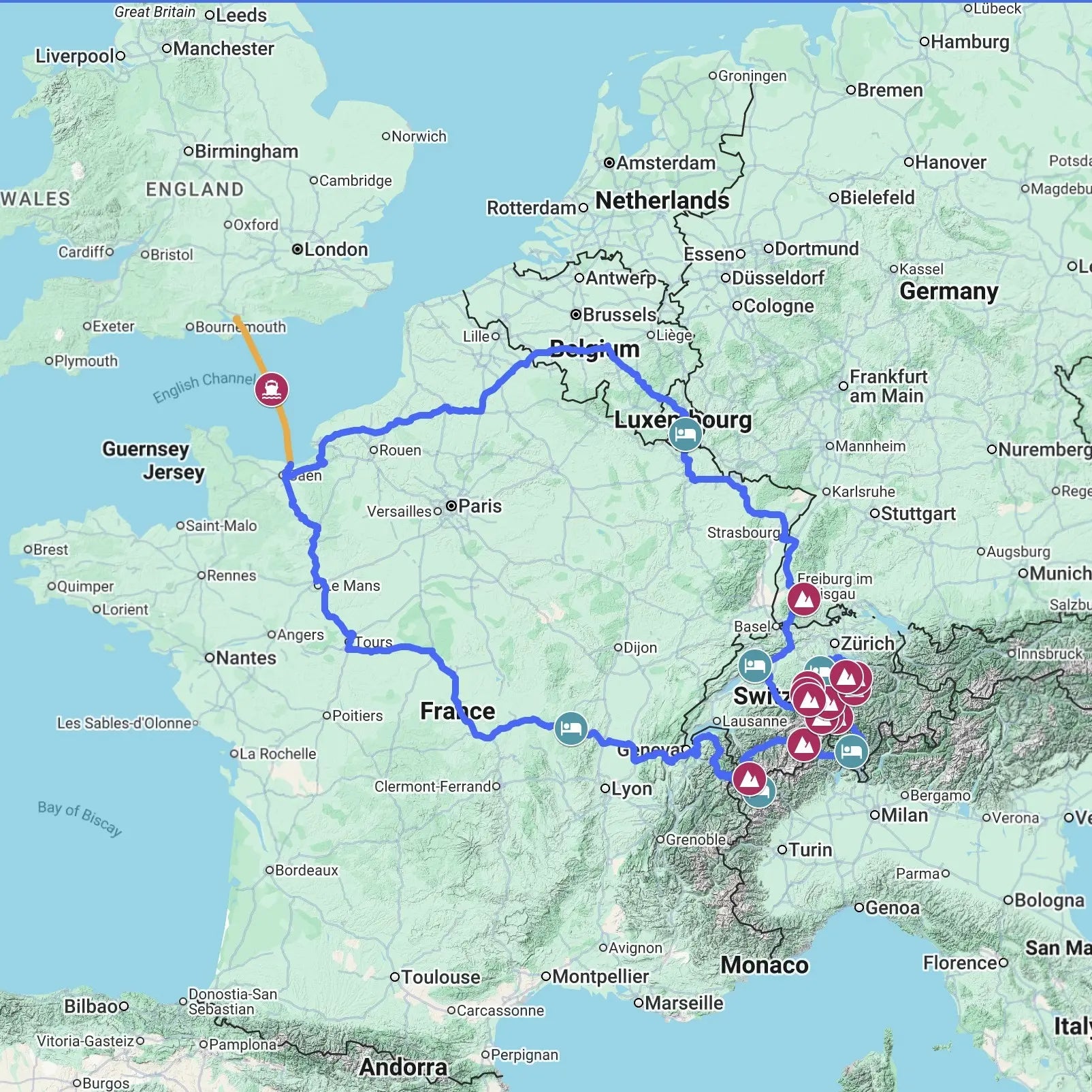 Road trip map of the Swiss Mountain Passes circuit, starting and ending in the UK, highlighting Great St. Bernard, Furka, and Susten Passes.