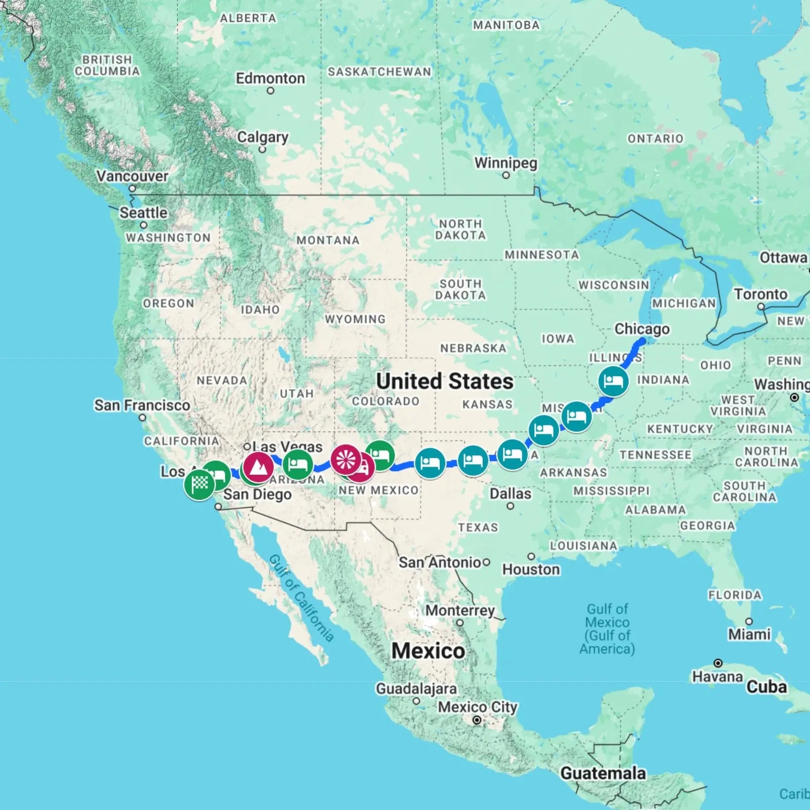 Road trip map of Route 66 across the USA, highlighting the Mother Road and historic Oatman Highway.