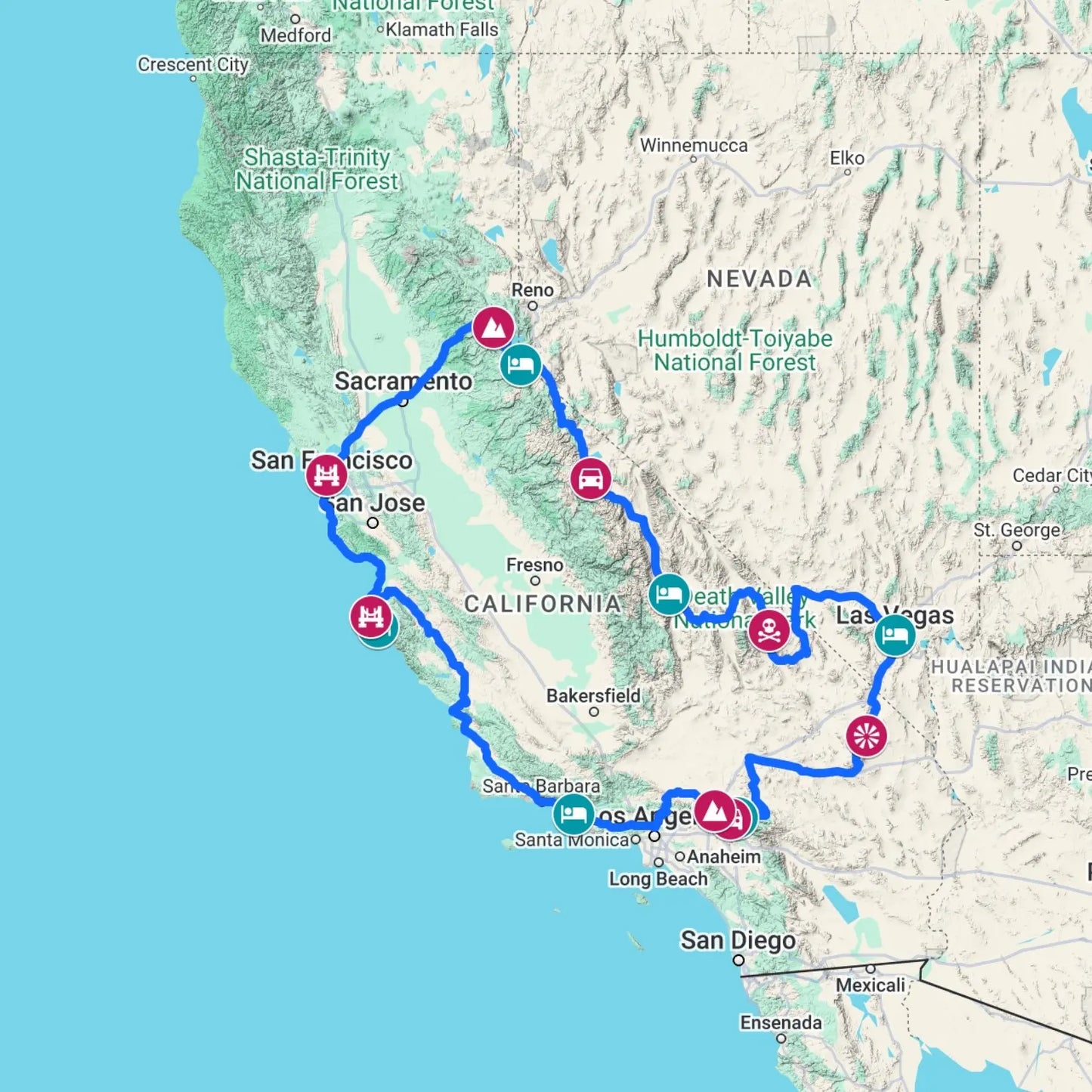 Road trip map of the San Francisco Loop, featuring the Sierra Nevada, Death Valley National Park, and the Pacific Coast Highway.
