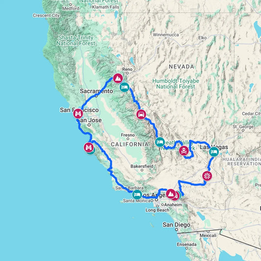 Road trip map of the San Francisco Loop, featuring the Sierra Nevada, Death Valley National Park, and the Pacific Coast Highway.