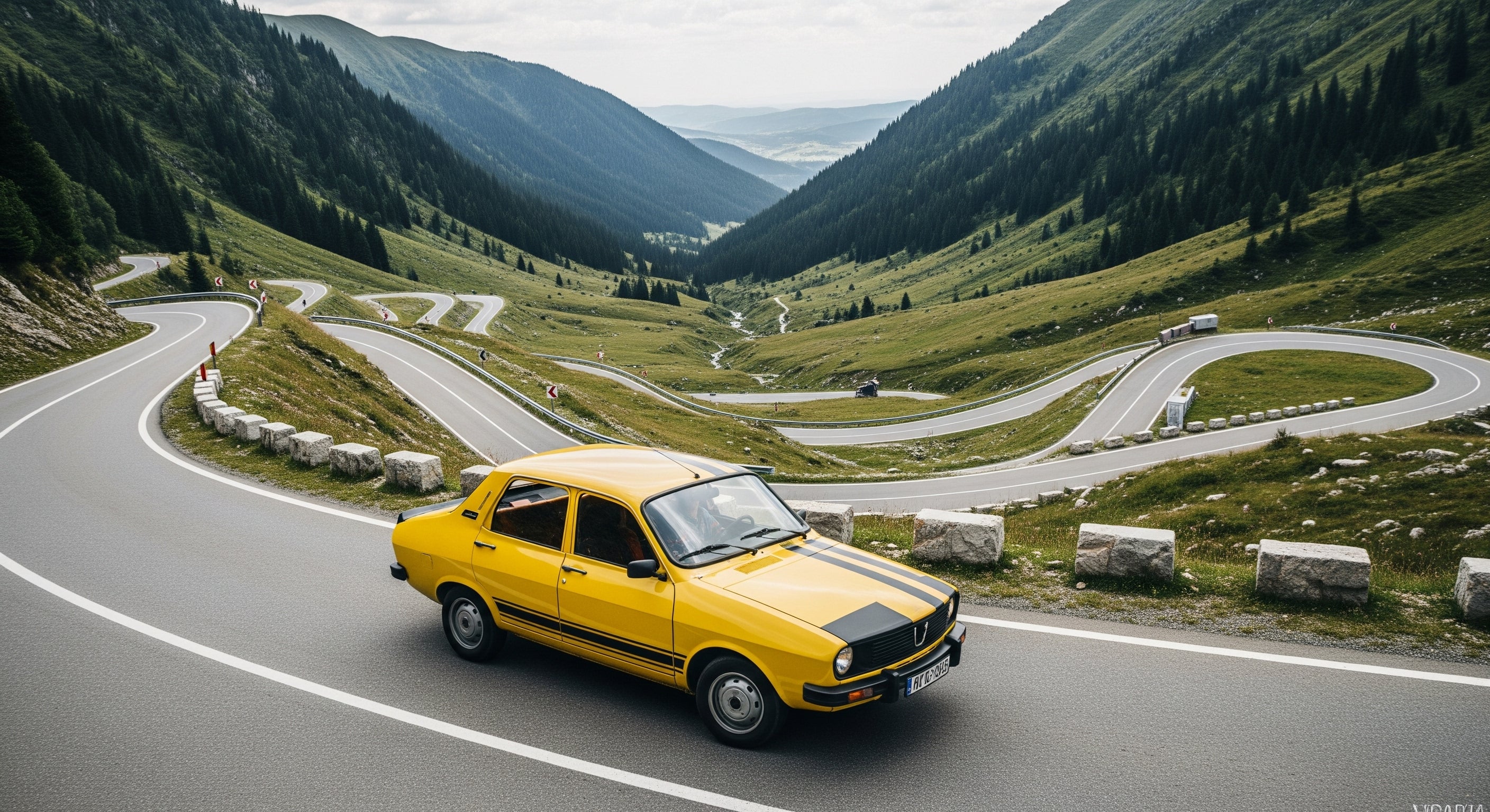 Image of a car drving along the switchback roads of the Transfăgărășan highway in Romania.